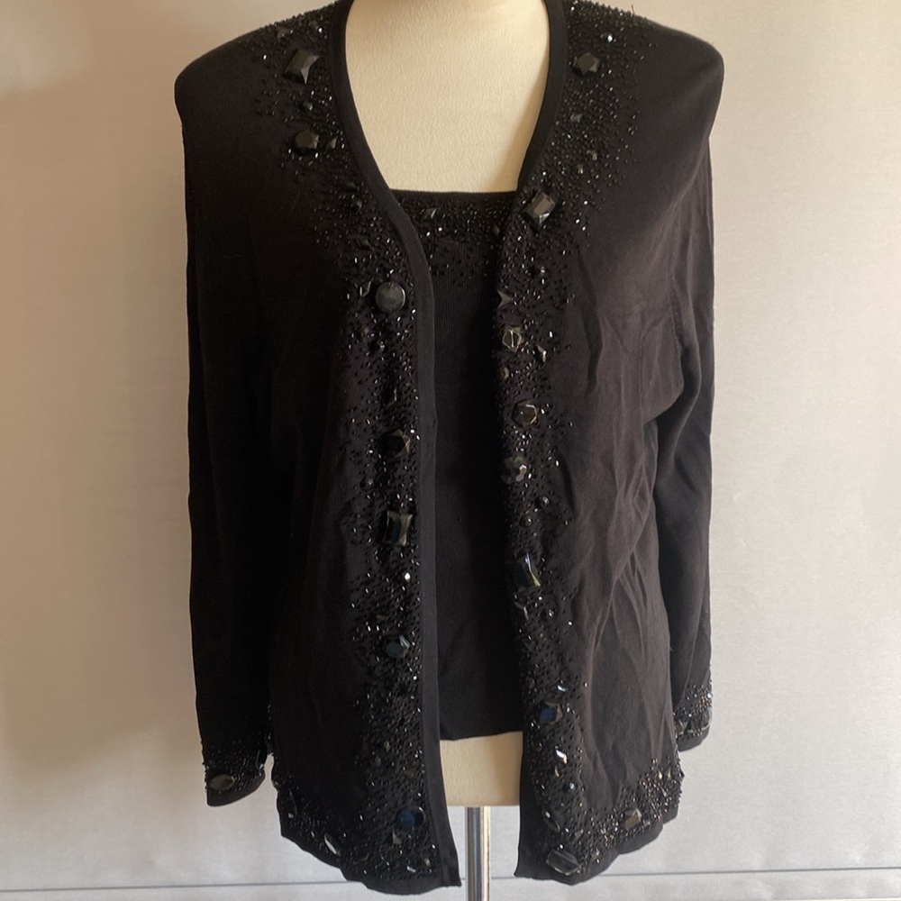 Carmen Marc Valvo Black Embellished Tank Top and sweater twin set beaded